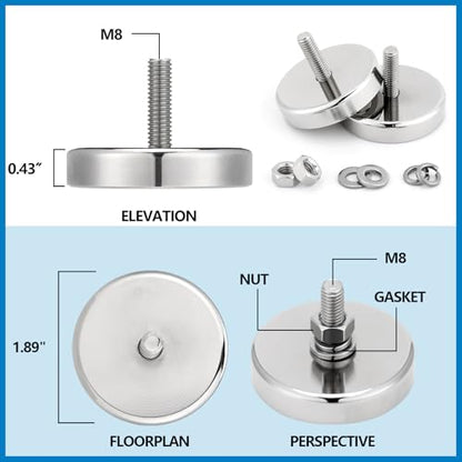 Flutesan 4 Pieces Heavy Duty Round Mounting Magnet with Bolt 1.89in-240lb-M8 Silver with Male Thread Stud Strong Magnet Super Powerful for Lighting Camera Brackets License Plate - color: Silver, size: 1.89in-240lb-m8