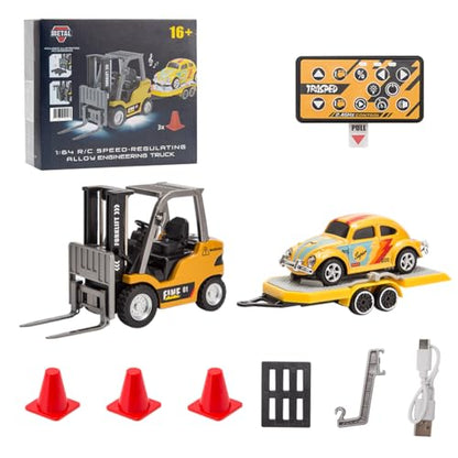 RC Forklift Truck with Trailer 1/64 Mini Alloy Remote Control Forklift, 2 Mode Speed Truck with Cargo Hook, Pallets, RC Construction Vehicles for Adult - color: Yellow