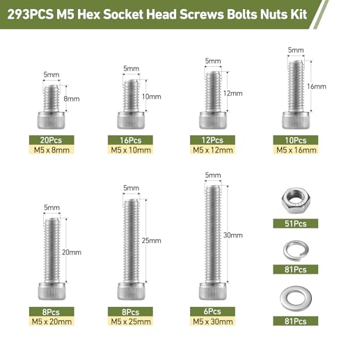 293PCS M5 Screws Assortment Kit, 304 Stainless Steel 18-8 Hex Socket Head Cap Screws Bolts Nuts and Washers Set, M5 x 8/10/12/16/20/25/30mm, for 3D Printer - size: M5 293PCS Socket SS