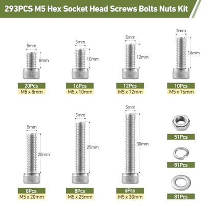 293PCS M5 Screws Assortment Kit, 304 Stainless Steel 18-8 Hex Socket Head Cap Screws Bolts Nuts and Washers Set, M5 x 8/10/12/16/20/25/30mm, for 3D Printer - size: M5 293PCS Socket SS