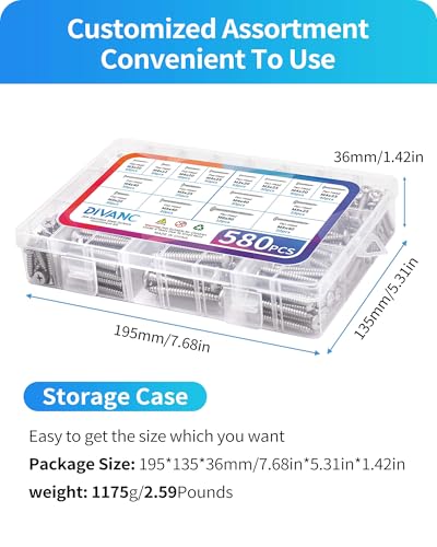 580Pcs 304 Stainless Steel Wood Screw Assortment Kit, M3/M4/M5/M6 Phillips Pan Head & Flat Head Sheet Metal Screws Self Tapping Screws Set,16 Sizes Assorted Screw (Silver 580PCS)