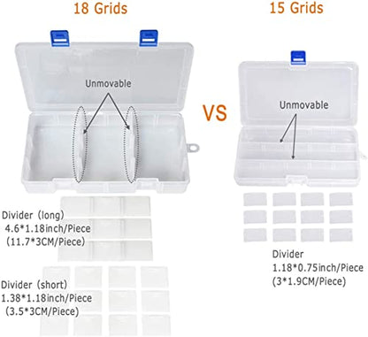 Qualsen 3 Pack 18 Grid Plastic Organizer Box with Adjustable Dividers, Bead Organizer Box for Jewelry, Beads, Earrings, Tools, Fishing Hooks, and Small Accessories - size: 18 Gird-3pcs