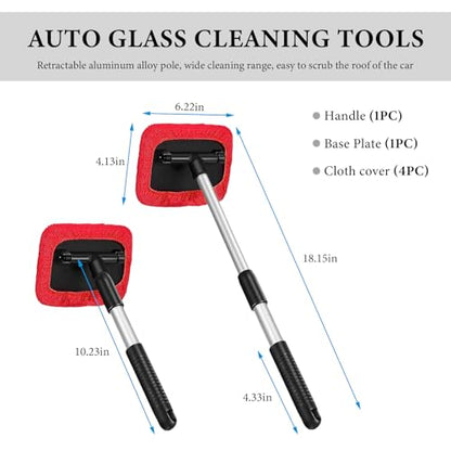 Car Windshield Cleaner Tool, Detachable Car Window Cleaner with Aluminum Extendable Handle & 2 Reusable Cloth Pads, Washable Vehicle Windshield Cleaning Wand for Exterior (Red) - color: Red