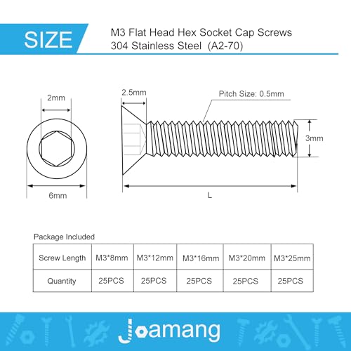 M3 x 8mm 12mm 16mm 20mm 25mm Flat Head Hex Socket Cap Screws Countersunk Bolts, Stainless Steel 304, Metric Allen Hex Drive, Bright Finish, Fully Threaded, Assortment Kit 125PCS - size: M3 x 8/12/16/20/25 mm