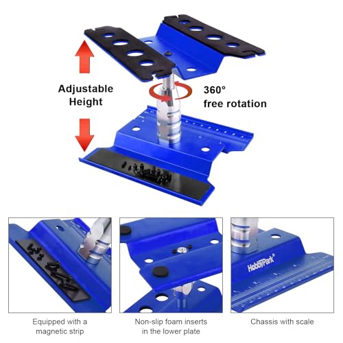 Hobbypark Aluminum RC Car Work Stand Repair Workstation 360 Degree Rotation Lift/Lower w/Screw Tray for 1/10 1/12 1/16 Scale Car Truck Buggy (Navy Blue with Screw Tray)