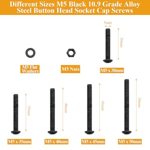 105 Pieces M5 x 30/35/40/45/50mm Button Head Socket Cap Screws Nuts Washers Set Black, Sutemribor M5 Long Screws, M5 Black Screws Nuts Washers Assortment Kit, 10.9 Grade Alloy Steel, Fully Threaded - size: M5 x 30-50mm, style: Button Head