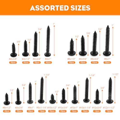 542PCS #4#6#8#10#12 Phillips Head Screw Set Stainless Steel Wood Screws Assortment Kit, Assorted Sheet Metal Self Tapping Screws, 18-8(304) Stainless Steel (pan Black) - style: pan black