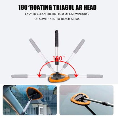 4 Pack Windshield Cleaning Tool with Extendable Handle, Orange | aluminum ABS and microfiber body, pivoting head, reusable cloth pads, fits most vehicle glass, auto cleaning tools - color: Orange