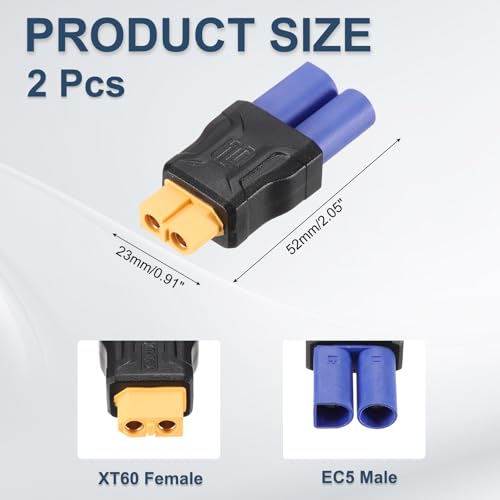 MECCANIXITY 2 Pack XT60 Adapter, XT60 Female to EC5 Male Wireless Adapter, XT60 Connectors Wireless for RC Lipo Batteries, Car, Airplane, Models, Balance Charger - style: XT60 Female to EC5 Male
