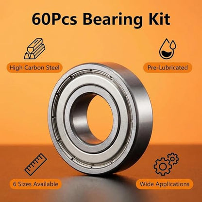 60 PCS 693ZZ/ 623ZZ/ 624ZZ/ 685ZZ/ 687ZZ/ 627ZZ Ball Bearings Assortment Kit, Small Bearings Carbon Steel Deep Groove Bearing, for Furniture Wheel, Roller Skates, 3D Printing and ect —6 Size