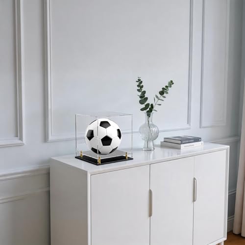 Acrylic Display Case with Raised Shelf & Ball Holder, Clear Display Box with Black Base & Gold Standoffs, Dustproof Showcase for Fullsize Football Soccer Volleyball – Easy Assembly (10×10×10 Inch) - size: 10"L x 10"W x 10"H (with Ball Position)