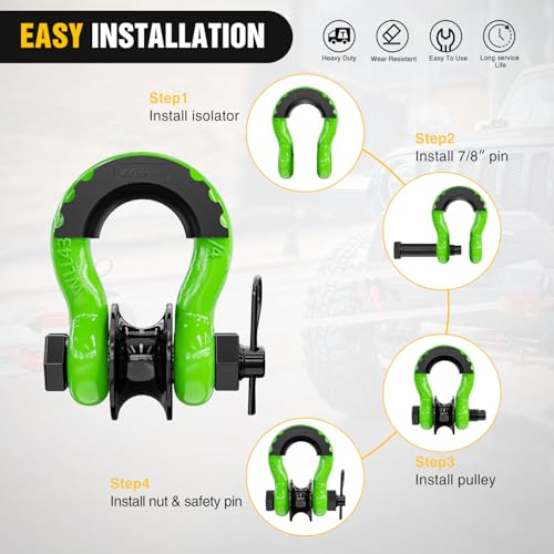 Nilight 3/4" D-Ring Shackle with Snatch Block, Heavy Duty Recovery Set | 9,500 lbs WLL Winch Pulley, Fits Synthetic Rope & Steel Cable, Truck Jeep ATV UTV, 2Pcs Kit Green - color: Green 3/4" w/Towing Pulley 2 Pack, size: Shackle