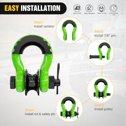Nilight 3/4" D-Ring Shackle with Snatch Block, Heavy Duty Recovery Set | 9,500 lbs WLL Winch Pulley, Fits Synthetic Rope & Steel Cable, Truck Jeep ATV UTV, 2Pcs Kit Green - color: Green 3/4" w/Towing Pulley 2 Pack, size: Shackle