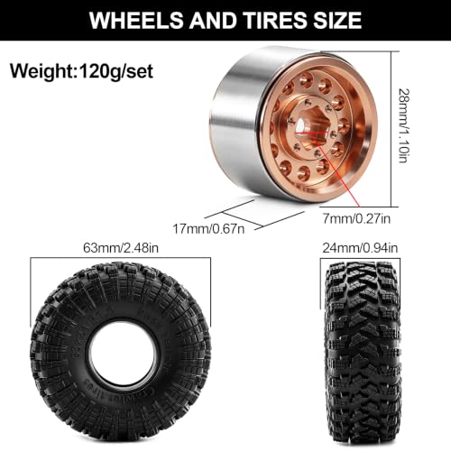 1.0" Beadlock Aluminum Wheels and 63mm Soft Rubber Tires | for SCX24, TRX4M, Ascent 18, FCX24, 1/18 1/24 RC Crawler, 7mm Hex, 0mm Offset, with Foam Inserts, (Bronze) - color: Bronze