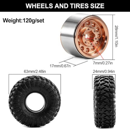 1.0" Beadlock Aluminum Wheels and 63mm Soft Rubber Tires | for SCX24, TRX4M, Ascent 18, FCX24, 1/18 1/24 RC Crawler, 7mm Hex, 0mm Offset, with Foam Inserts, (Bronze) - color: Bronze