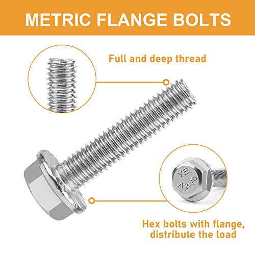 M6-1.0 x 12/16/20/25/30mm Flanged Hex Head Bolts, VIGURE 135PCS M6 Flange Hexagon Screws Serrated Flange Nuts Washers, Stainless Steel 18-8 (304), DIN 6921 - size: M6-1.0