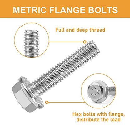 M6-1.0 x 12/16/20/25/30mm Flanged Hex Head Bolts, VIGURE 135PCS M6 Flange Hexagon Screws Serrated Flange Nuts Washers, Stainless Steel 18-8 (304), DIN 6921 - size: M6-1.0