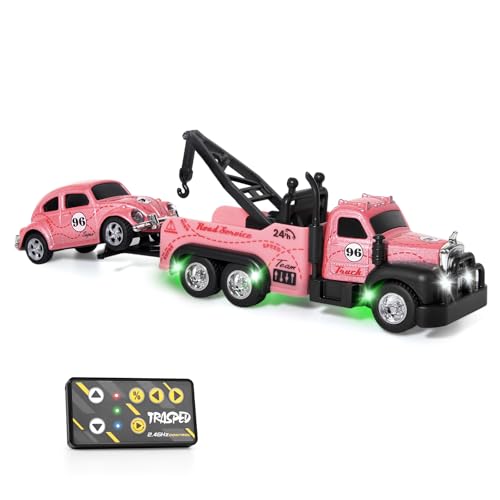 Mini Rc Truck,Tow Trucks Toy with Mini Metal Car Set 2PCS,City Service Vehicle Remote Control Tow Truck Toys for Kids Boys Gifts 3-5 4-7 8-12 Years Old, 1:64 Scale Cars Trailer Toy with Light (Pink) - color: Pink