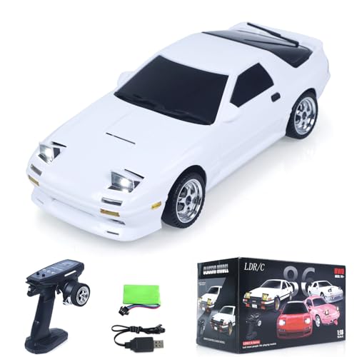 US in Stock, 1/18 Rx7 RC Racing Car RWD Gyroscope Wireless Control Drift Vehicles Light System Motor Servo ESC(White) - color: White