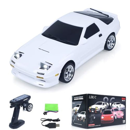 US in Stock, 1/18 Rx7 RC Racing Car RWD Gyroscope Wireless Control Drift Vehicles Light System Motor Servo ESC(White) - color: White