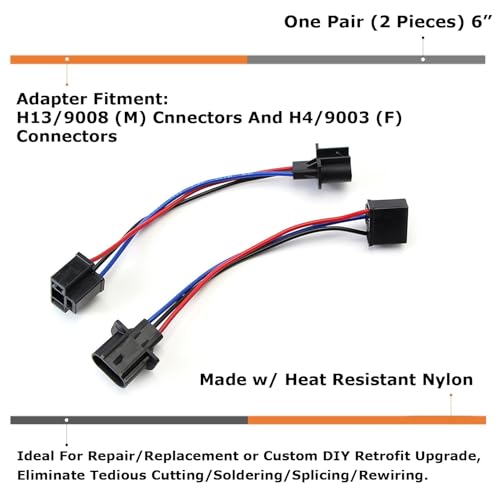 iJDMTOY H13 9008 to H4 9003 Pigtail Wire Wiring Harness Adapters Compatible with H13/H4 Bulb Size Lamp Conversion Retrofit