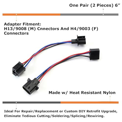 iJDMTOY H13 9008 to H4 9003 Pigtail Wire Wiring Harness Adapters Compatible with H13/H4 Bulb Size Lamp Conversion Retrofit