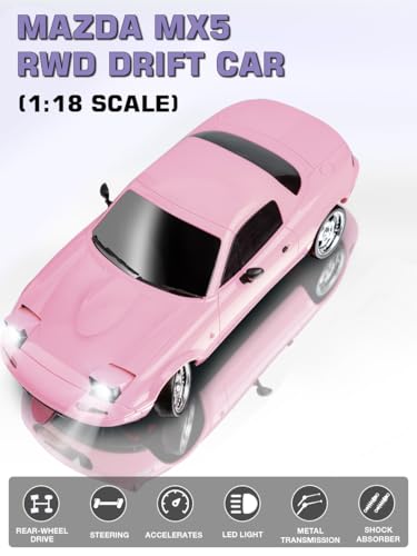LD1804 1/18 Scale RC Drift Car, Mini Mazda MX-5 RC Model Car 2.4GHz RWD Miata RC Vehicles with Gyro for LED Lights for Adults Hobby Toys - color: Pink
