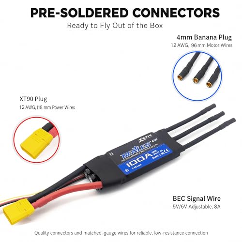 ZTW Beatles G2 100A ESC 2-6S Built-in Switching BEC 5V/6V 8A Brushless Speed Control for RC Airplane Aircraft Fixed-Wing - size: 100A