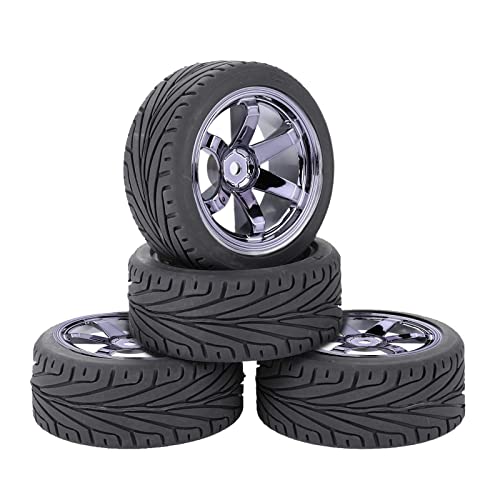 4PCS RC Car Rubber Tires and Plastic Wheels Rims Compatible with 1/10 Scale On Road Touring Racing Flat Drift Car for HSP HPI Tamiya (Gray) - color: Gray