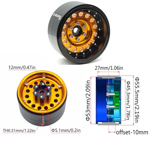 RC 1.9 Inch Beadlock Wheels Negative Offsets 10mm Rims Hex 12mm Aluminum Wheel for TRX4 TRX6 SCX10 Gen8 1/10 RC Crawler Remote Control Car Upgrades Accessories 4pcs (Golden) YK1906 - color: Golden