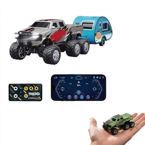 Mini Rc Truck,1/64 Scale Mini Remote Control Monster Truck with Trailer, 2.4Ghz Remote Control & APP, Rechargeable Alloy Shell RC Cars with Lights, Speed/Steering Adjustable (Gray) - color: Gray