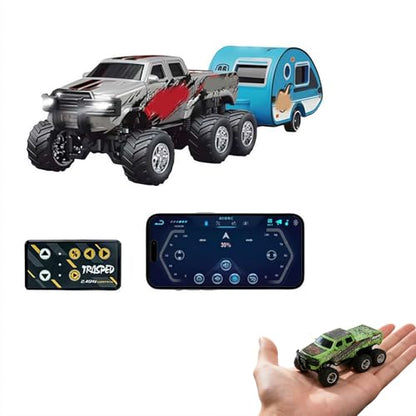 Mini Rc Truck,1/64 Scale Mini Remote Control Monster Truck with Trailer, 2.4Ghz Remote Control & APP, Rechargeable Alloy Shell RC Cars with Lights, Speed/Steering Adjustable (Gray) - color: Gray