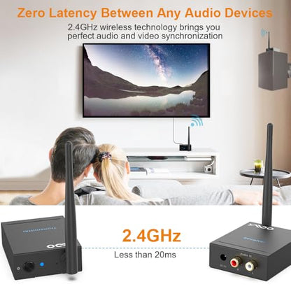 YMOO 2.4Ghz Wireless Audio Transmitter Receiver (1 TX+1 RX) for Home Audio | 20ms Ultra Low Latency 320ft Long Range RCA Jack Adapter for Powered Speaker/Soundbar to TV/PC/CD Player/Computer/Projector