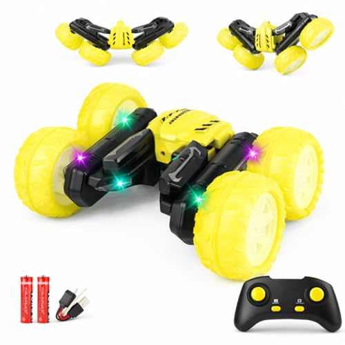 Remote Control Car for Kids, 360° Rotating Stunt Car, Double-Sided Driving, 2.4GHz RC Car, Rechargeable All-Terrain Toy, LED Glowing Wheels with Projection, for Boys & Girls Ages 4-8 - color: Yellow