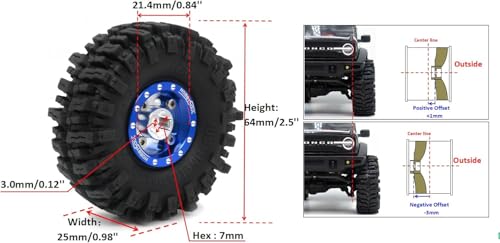 RC 64 * 25mm 1.0 Mud Slingers Tires Wheels Set, 1/24 1/18 RC 1.0 Tires Tyres & Metal 1.0 Beadlock Wheels +1mm / -3mm Offset Rims for RC Micro Crawler 1/24 SCX24 1/18 TRX4M - color: Blue & Silver