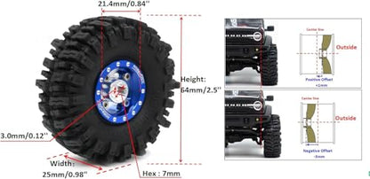 RC 64 * 25mm 1.0 Mud Slingers Tires Wheels Set, 1/24 1/18 RC 1.0 Tires Tyres & Metal 1.0 Beadlock Wheels +1mm / -3mm Offset Rims for RC Micro Crawler 1/24 SCX24 1/18 TRX4M - color: Blue & Silver