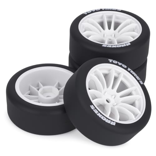 1/10 RC Drift Wheels and Tires Set, 12 Spoke On-Road Touring Car Wheel Tire Combo, 12mm Hex Drift Tires for RC Drift Car, 4PCS (White) - color: White