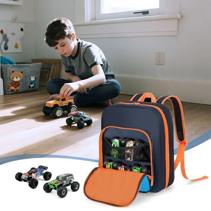 CURMIO Toy Cars Backpack Compatible with Monster Jam Trucks Up to 37pcs | Truck Carrying Case for 1:64 Scale Toy Cars, with 8 Transparent Pockets and Front Pocket, Home Use & Travel, Empty Bag