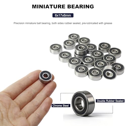 20 PCS 606-RS Double Shielded Ball Bearings 6x17x6 mm, High Speed Chrome Steel, Pre-Lubricated for Smooth RPM Performance - size: 606-RS