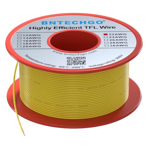 BNTECHGO 22AWG FEP Teflon Coated Wire Yellow 50ft Tin-Plated Copper | 22 Gauge Strands Wire High-Temp FEP Insulation, -65°C to 200°C Rated, Aerospace Wiring, Medical Wiring, Scientific Equipment - size: 50ft Yellow