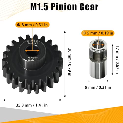 M1.5 22T Pinion Gear 8mm Bore with 8mm to 5mm Shaft Adapter Sleeve, Chromium Steel Motor Gear with Set Screw & Hex Key for Traxxas ARRMA Losi 1/5 1/8 RC Cars - size: 22T