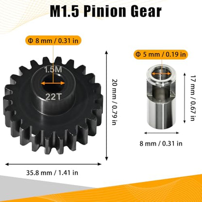 M1.5 22T Pinion Gear 8mm Bore with 8mm to 5mm Shaft Adapter Sleeve, Chromium Steel Motor Gear with Set Screw & Hex Key for Traxxas ARRMA Losi 1/5 1/8 RC Cars - size: 22T