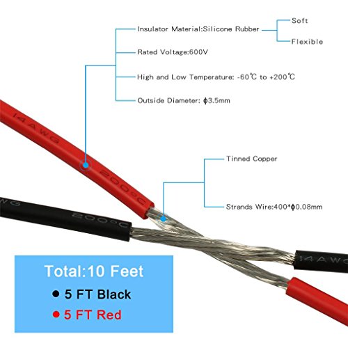 BNTECHGO 14 Gauge Silicone Wire 5 ft red and 5 ft Black Flexible 14 AWG Stranded Tinned Copper Wire | Flexible 14 Gauge Stranded Wire Silicone Rubber Insulation For RC Models, Drone, Robot, Battery, EV Charger, 3D Printer, DIY - color: silicone wire red a