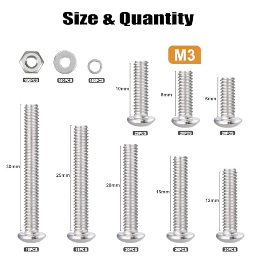 VGBUY 600pcs M3 Screw Assortment Kit, M3 Screws (8 Sizes 6-30mm) for 3D Printer DIY, Hex Button Head Cap Screws Bolts Nuts Washer Kit, 304 Stainless Steel, 6/8/10/12/16/20/25/30mm - size: M3x6/8/10/12/16/20/25/30mm, style: Button Head