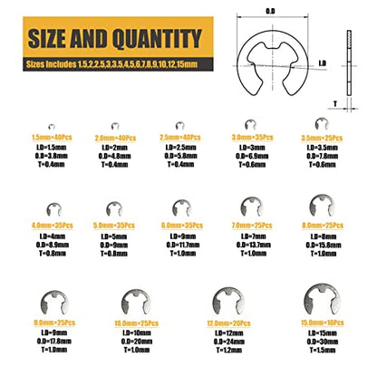 E Clips Assortment Kit, Snap Rings Assortment Kit with Retaining Rings, 425PCS 304 Stainless Steel E Clip Set (M1.5-M15) - size: 425PCS