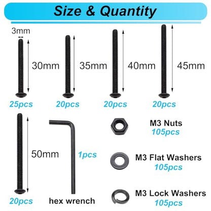 420PCS Black M3 Button Head Hex Socket Cap Screws, M3 x 30/35/40/45/50mm Metric Screws Bolts Nuts Washers Assortment Kit, 10.9 Grade Alloy Steel - size: M3 x 30/35/40/45/50mm, style: Button Head
