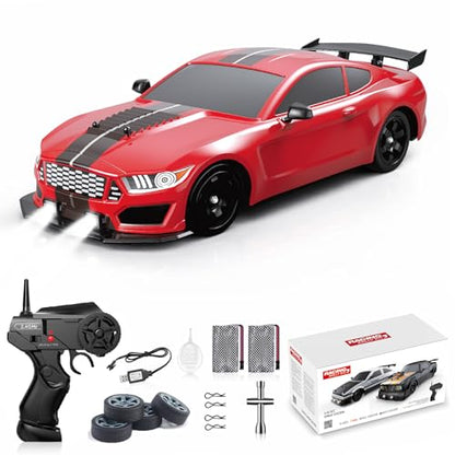 Remote Control Car RC Drift Car 1:16 Scale 4WD 18KM/H High Speed Model Vehicle 2.4GHz with LED Lights Spray Rubber Tire Racing Sport Toy for Adults Boys Girls Kids Gift 2Pcs Rechargeable Batteries - color: H-red