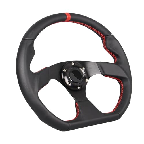 Universal Racing Sports Steering Wheel Red Stripe D Shape 13.8inch 350mm 6 Bolts Black Leather Hand Grip Steering Wheel with Horn Button - color: Red