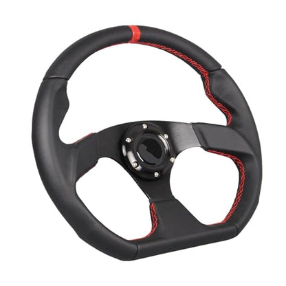 Universal Racing Sports Steering Wheel Red Stripe D Shape 13.8inch 350mm 6 Bolts Black Leather Hand Grip Steering Wheel with Horn Button - color: Red