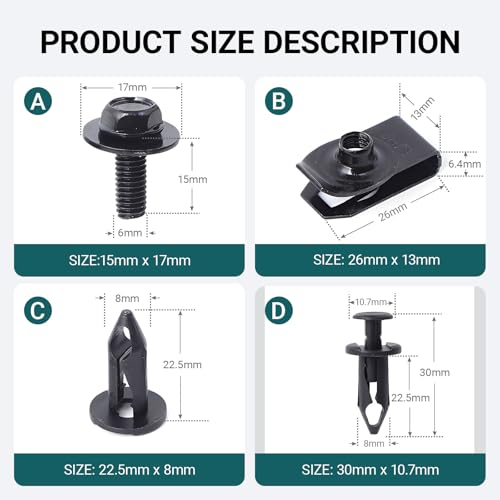 Minho 45Pcs Engine Under Cover Splash Shield Guard Body Bolts Bumper Fender Liner Push Retainer Fastener Rivet Clips, Black - style: U-nuts+Bolts+Push Clips 45PCS